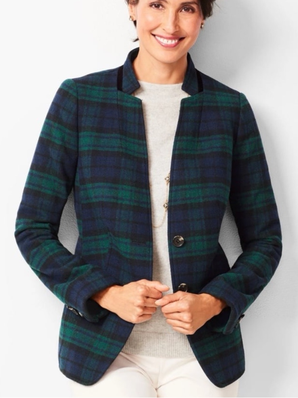 Talbots Black Watch Plaid Velvet Trim Blazer Blue Green Sz 4 Petite One Button